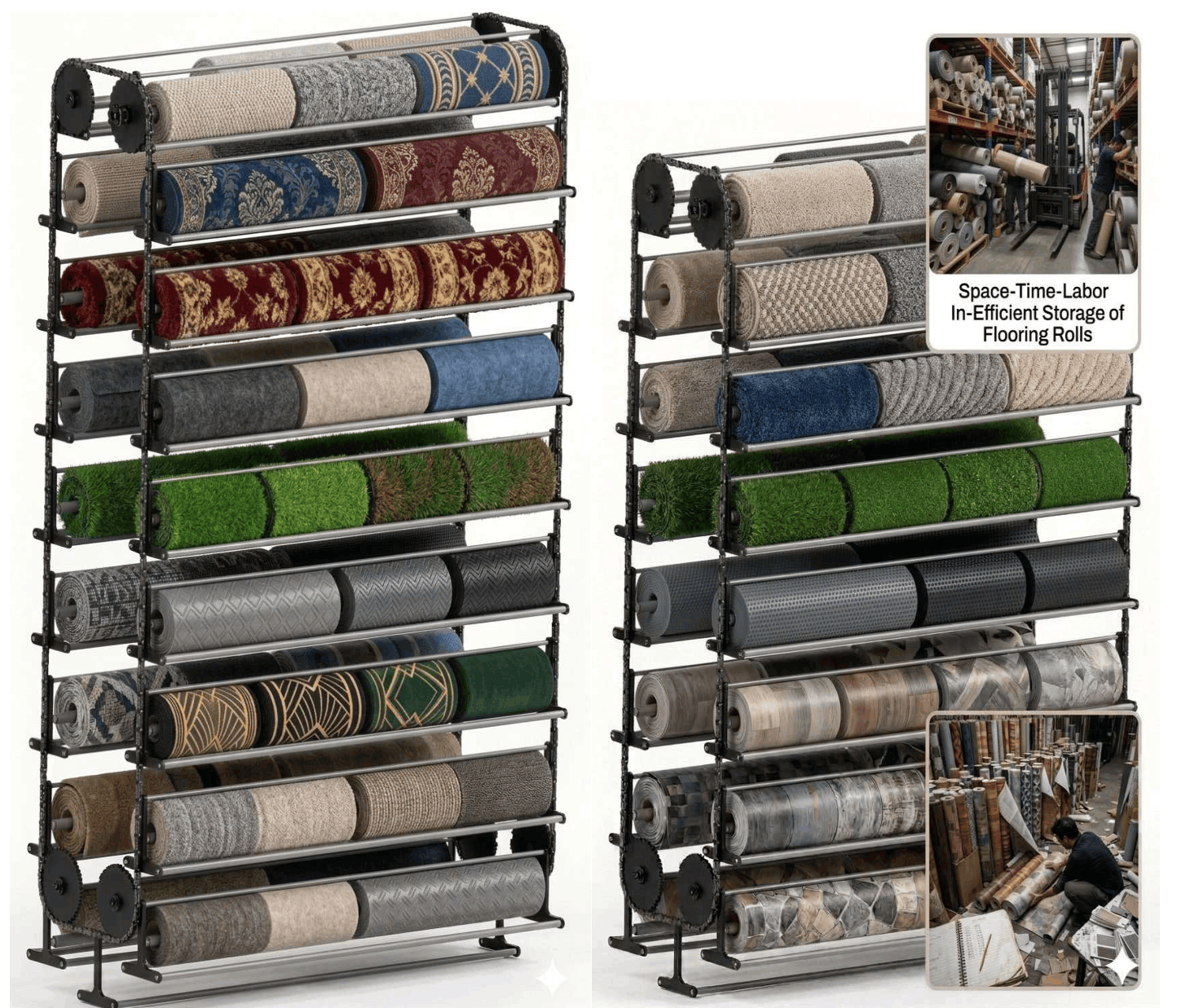 Vertical Carousels For Space-Time-Labor-Damage Efficient Vertical Storage Of Woven Non-Woven Carpet Factories