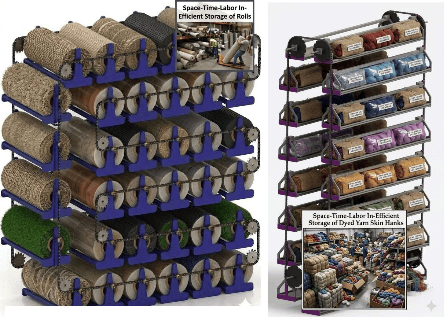 Vertical Carousels For Space-Time-Labor-Damage Efficient Vertical Storage Of Rolls Dyed Yarn Hanks In Woven Non-Woven Carpet Factories