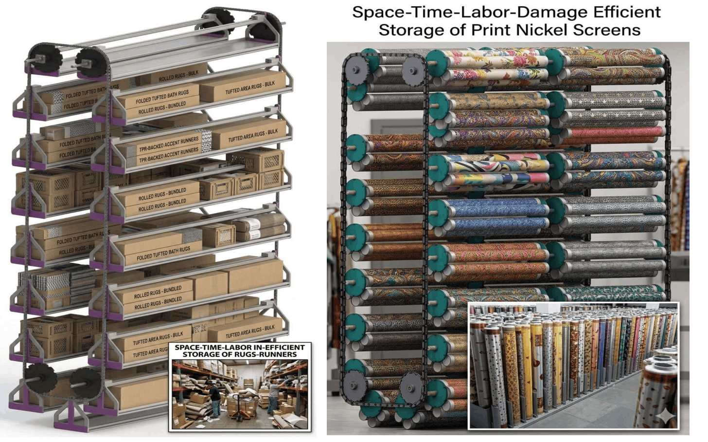 Vertical Carousels For Space-Time-Labor-Damage Efficient Vertical Storage Of  Rugs-Runners- Print Nickel Screens In Woven Non-Woven Carpet Factories