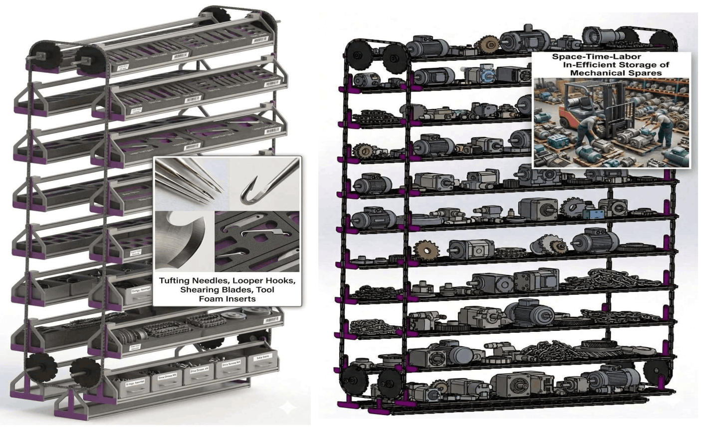 Vertical Carousels For Space-Time-Labor-Damage Efficient Vertical Storage Of Looper Hooks Shearing Blades Tools Foam Inserts Electrical Mechanical Spares In Woven Non-Woven Carpet Factories