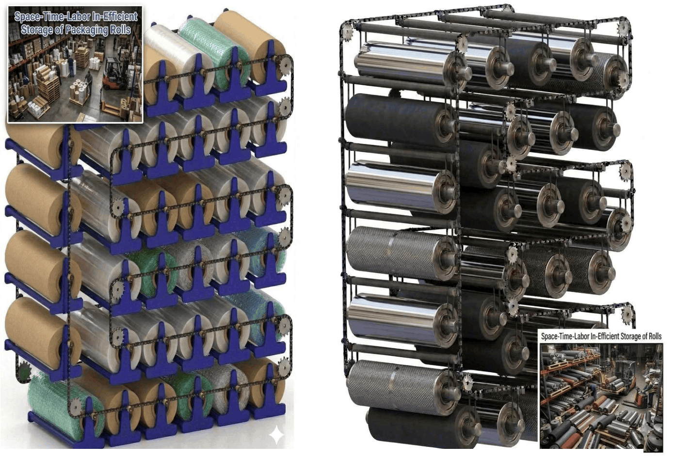Vertical Carousels For Space-Time-Labor-Damage Efficient Vertical Storage Of Packaging Films Rolls Steel Rolls In Woven Non-Woven Carpet Factories