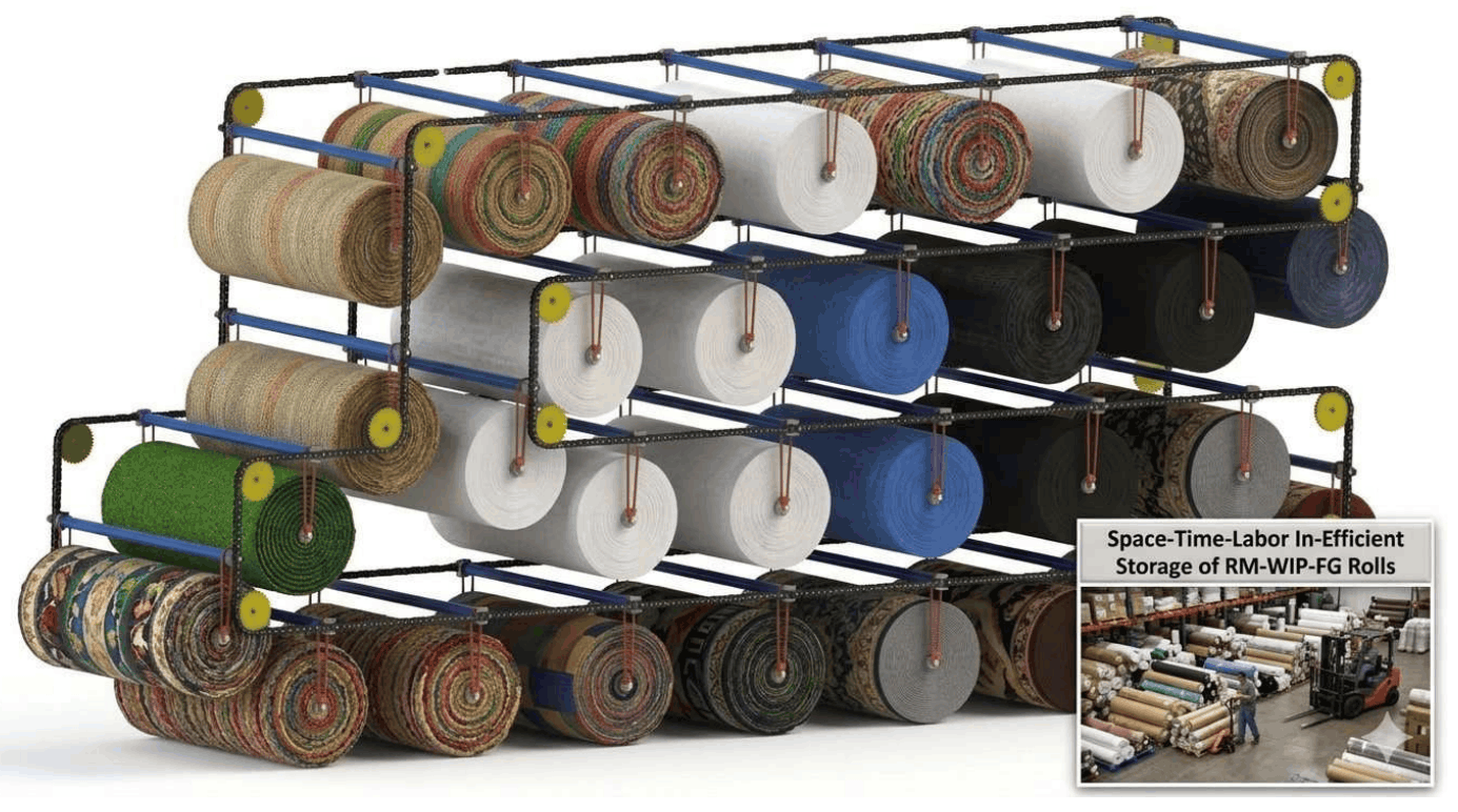 Vertical Carousels For Space-Time-Labor-Damage Efficient Vertical Storage Of  RM-WIP-FG Rolls In Woven Non-Woven Carpet Factories